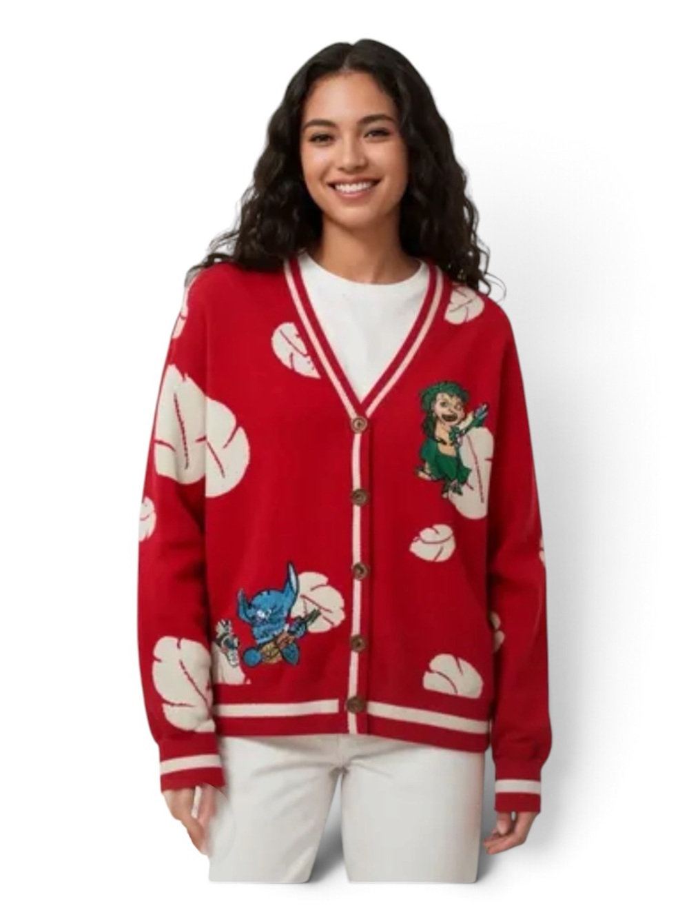 Disney Lilo & Stitch Red Character-Print V-Neck Cardigan with Cream Leaf Motif